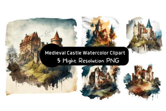 Medieval Castle Watercolor Clipart for Creative Workflows